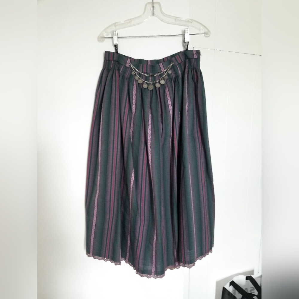Striped Dirndl Skirt with Coin Chain - Pink & Gray